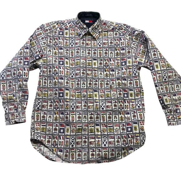 VTG Tommy Hilfiger Map World Flag Print Shirt Adult Medium Retro AOP 90s Preppy - Picture 1 of 16
